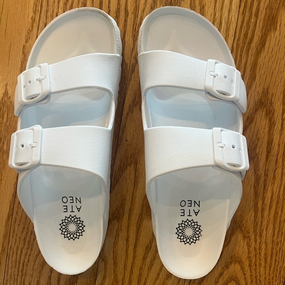 White Ateneo Birkenstock look sandals, plastic for water and beach